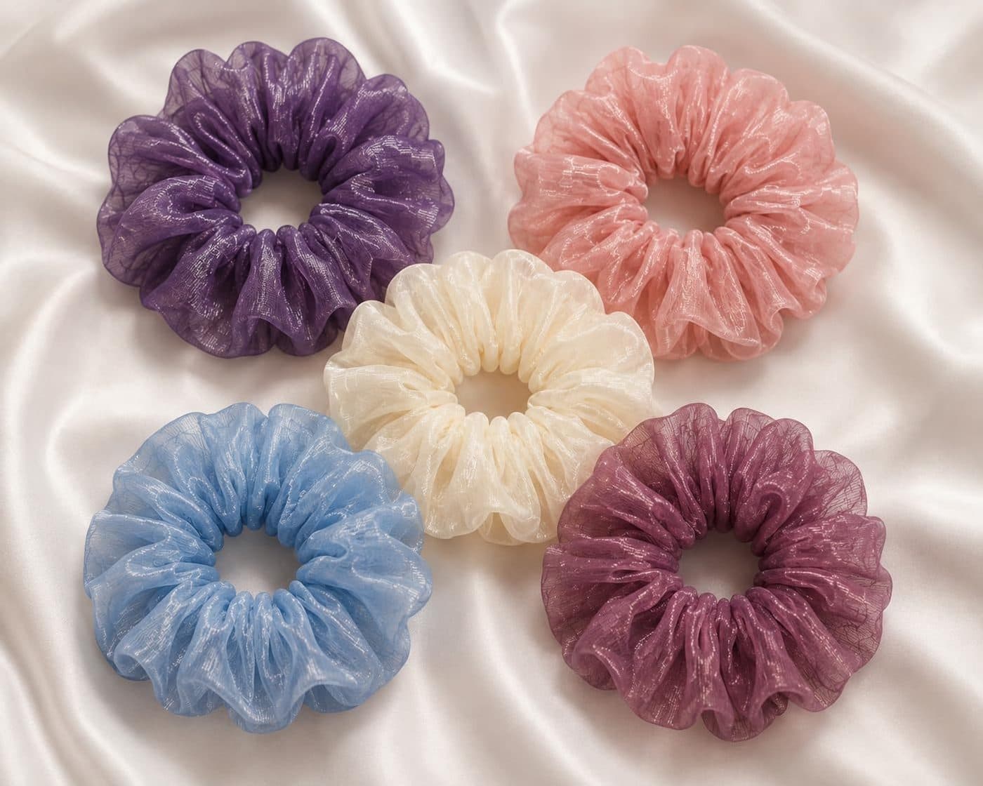 Organza Scrunchies, pack of 6, sheer organza