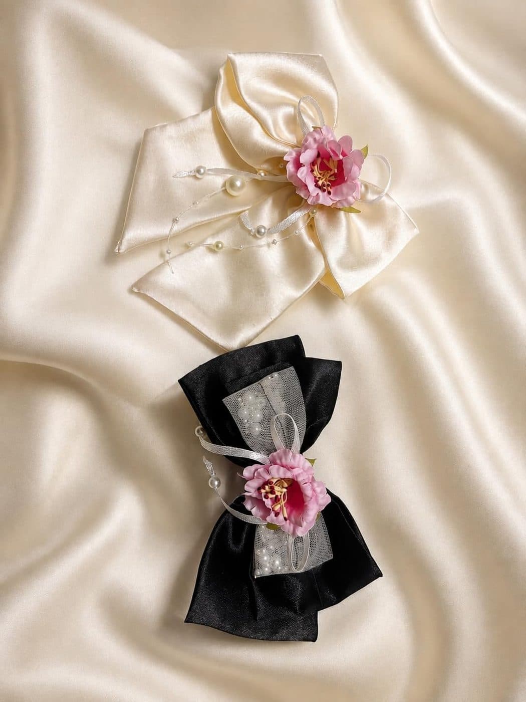 Pearl Blossom Satin Bow Hair Clips, sold as a 2-pack or a 3-pack