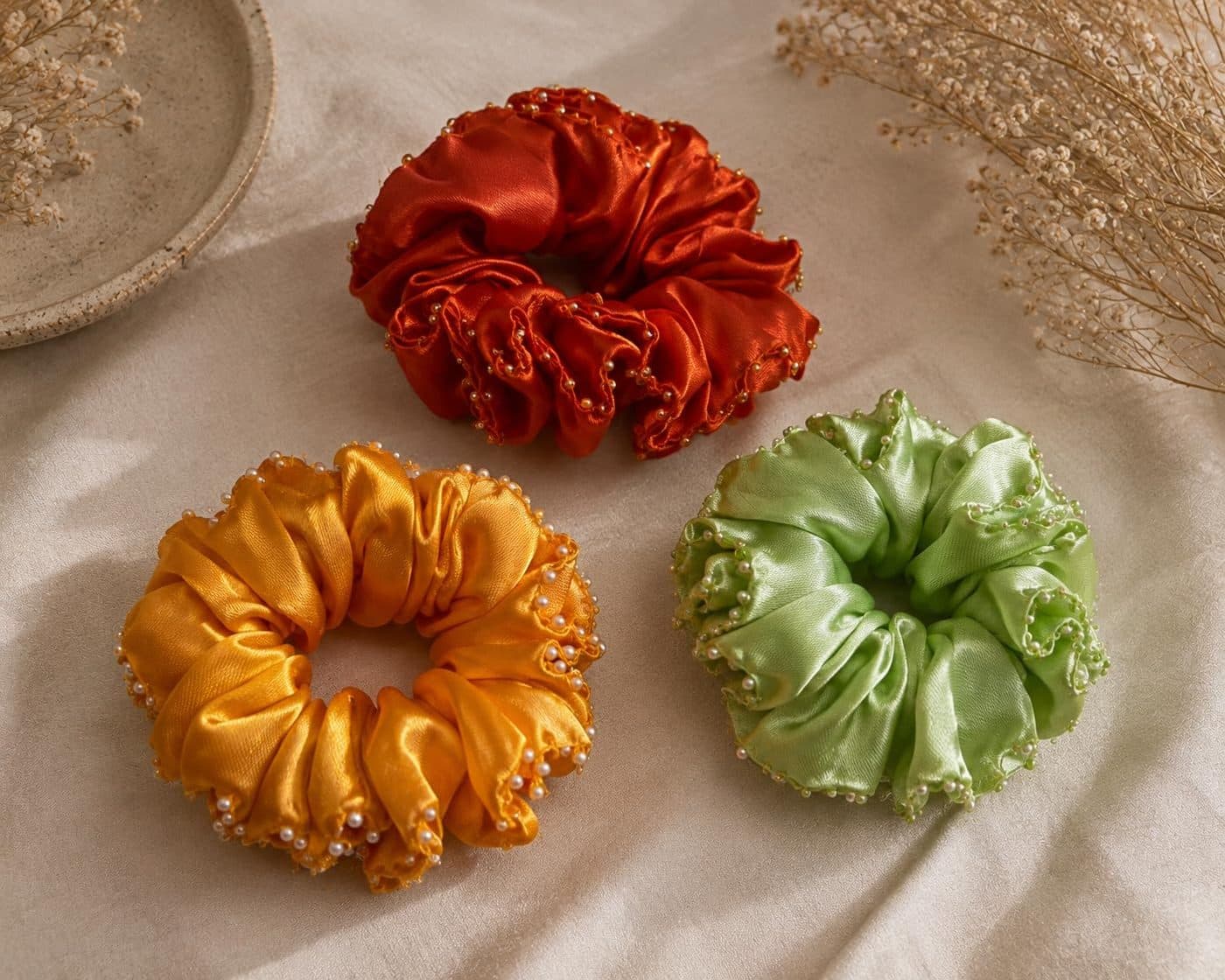 Pearl Embellished Satin Scrunchies, pack of 3, pearl detail