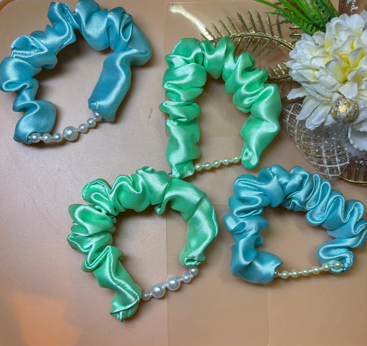 Pearl Satin Scrunchies, pack of 4, pearl detail