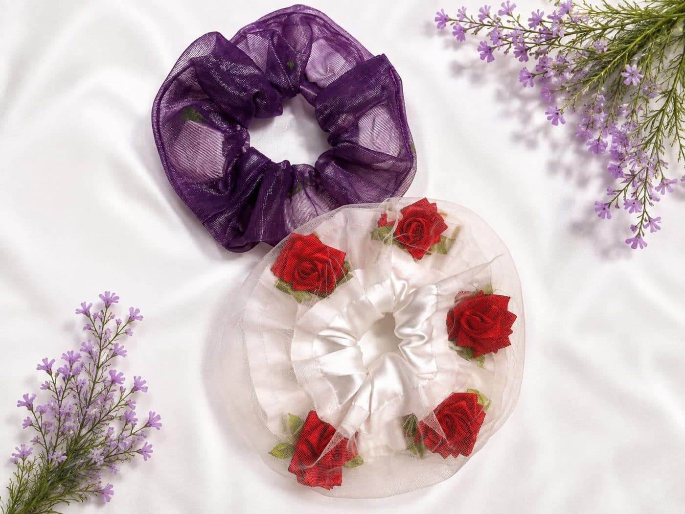 Rose Bloom Satin Scrunchies, Purple & White, pack of 2, purple and white