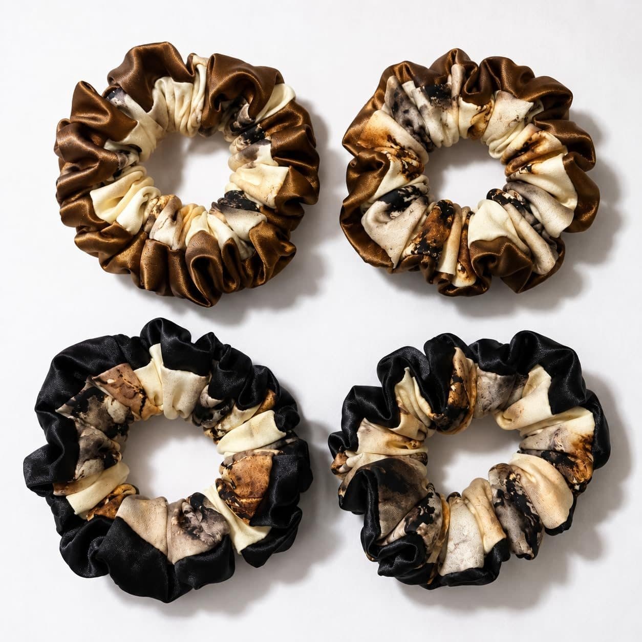 Satin & Printed Hair Scrunchies, Brown & Black, pack of 4, brown and black