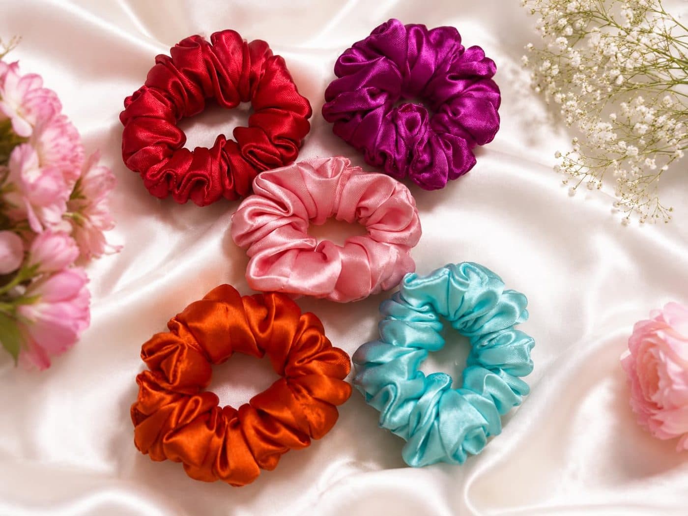 Skinny Satin Hair Scrunchies, pack of 5, slim profile