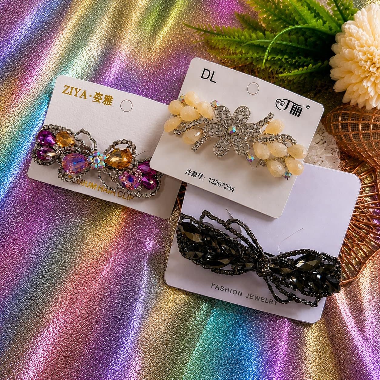 Stone Centre Hair Clips, six colourways, three clips per pack